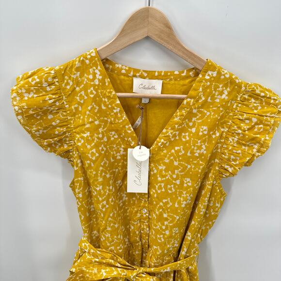 CLEOBELLA NWT Zia Organic Cotton Ruffle Tie Waist Mini Dress in Mustard // L - Picture 6 of 15